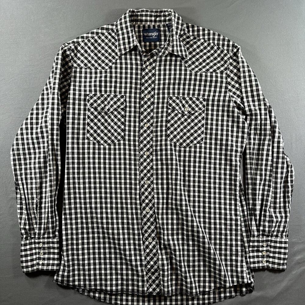 Wrangler Western Black White Check Cotton Pearl Snap Shirt Men's LT Long Sleeve